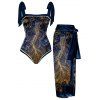 Maillot de Bain Long Plongeant à Epaule Nouée avec Jupe Longue Enveloppée - Bleu profond L | US 8