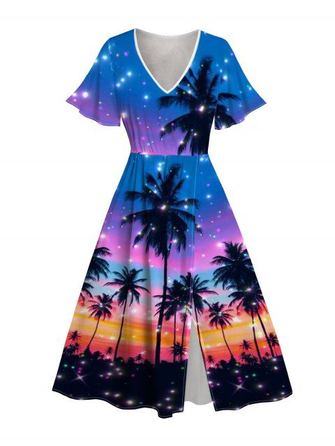 Robe D'été Imprimé Arbre et Galaxie à Fente Élevée à Manches Évasées