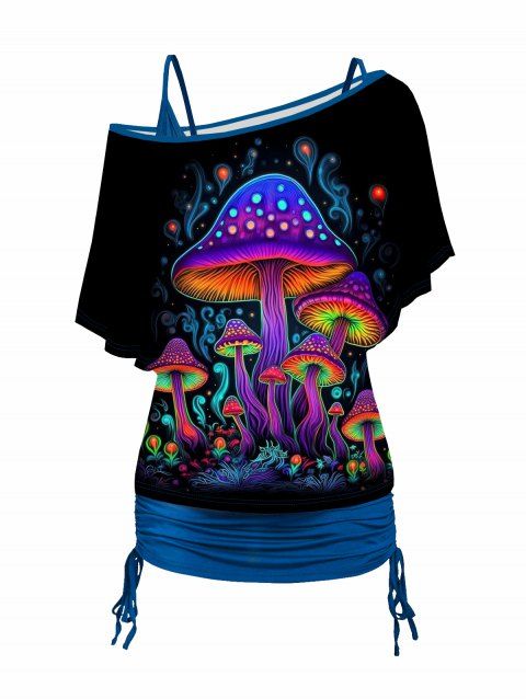 Rainbow Mushroom Print Oblique Shoulder T-shirt And Cinched V Neck Spaghetti Strap Camisole Two Piece Set