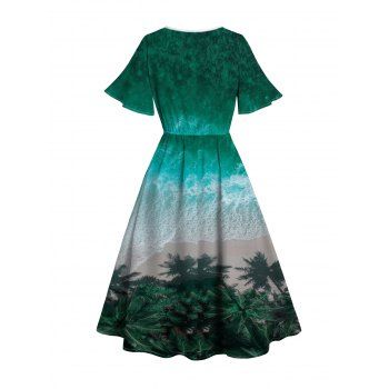 Beach Landscape Print V Neck Flare Sleeve Dress Slit High Waisted Summer Dress
