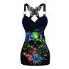 Colorful Skull Pattern Ruched Butterfly Lace Tank Top O Ring Surplice Summer Top