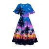 Robe D'été Imprimé Arbre et Galaxie à Fente Élevée à Manches Évasées - Bleu XXL | US 14