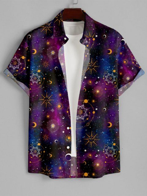 Chemise Décontractée Boutonnée Etoile Lune Soleil Galaxie Imprimés à Manches Courtes