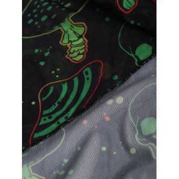 Galaxy Mushroom Skull Print Crisscross Bikini Triangle Bottom Bathing Suit and Sheer Mesh Convertible Cardigan Outfit