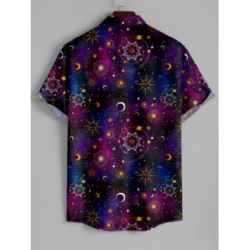 Men`s Galaxy Sun Star Moon Print Roll Up Sleeve Shirt Button Up Short Sleeve Casual Shirt 
