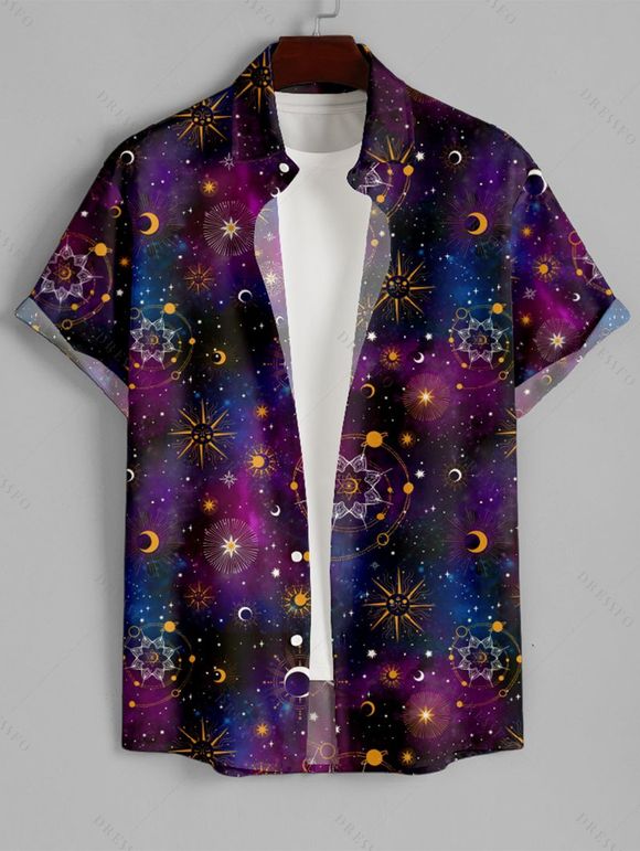 Men's Galaxy Sun Star Moon Print Roll Up Sleeve Shirt Button Up Short Sleeve Casual Shirt - Noir 4XL