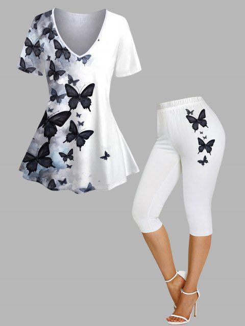 T-shirt Court Noir Imprimé Papillon à Col en V et Legging Capri à Taille Élastique