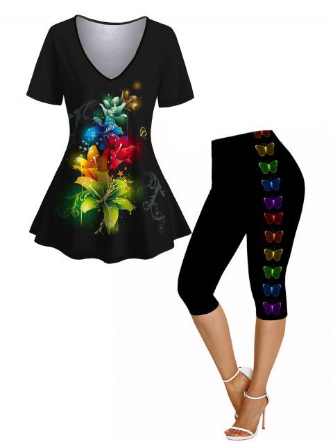 T-shirt Moulant à Col en V et Legging Court Imprimé Floral Coloré