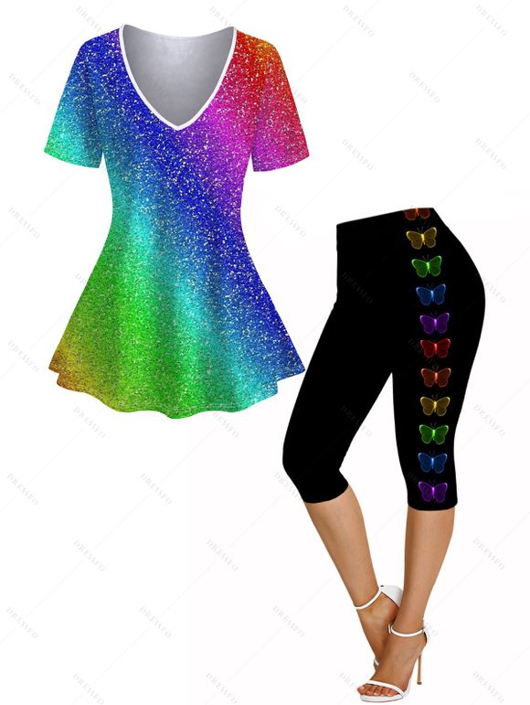 T-shirt Rayé à Imprimé Arc-en-Ciel et Papillon - multicolor A S | US 4
