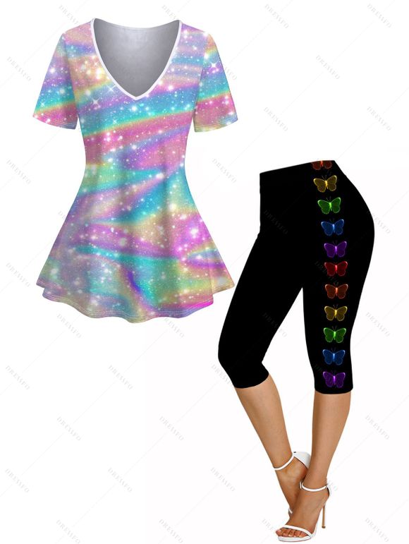 T-shirt Capri Décontracté Papillon Coloré Imprimé à Col V et Legging - multicolor A S | US 4