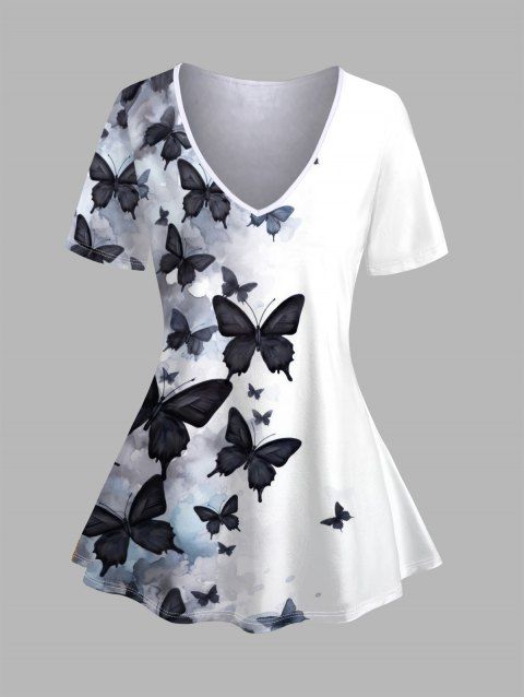 T-shirt Décontracté Papillon Noir Imprimé à Taille Haute à Col V