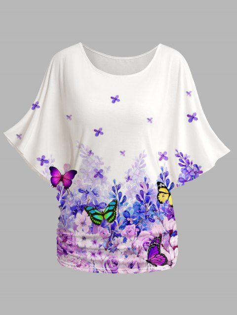T-shirt Fleuri Papillon Imprimé Lâche Ourlet Oblique à Manches Chauve-souris
