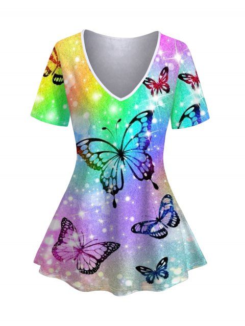 T-shirt D'Eté Papillon Lumière Imprimé Manches Courtes à Col V