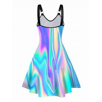 Allover Colorful Rainbow Print Dress V Neck O-Ring A Line Dress