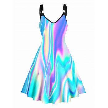 [72% OFF] 2024 Allover Colorful Rainbow Print Dress V Neck O-Ring A ...