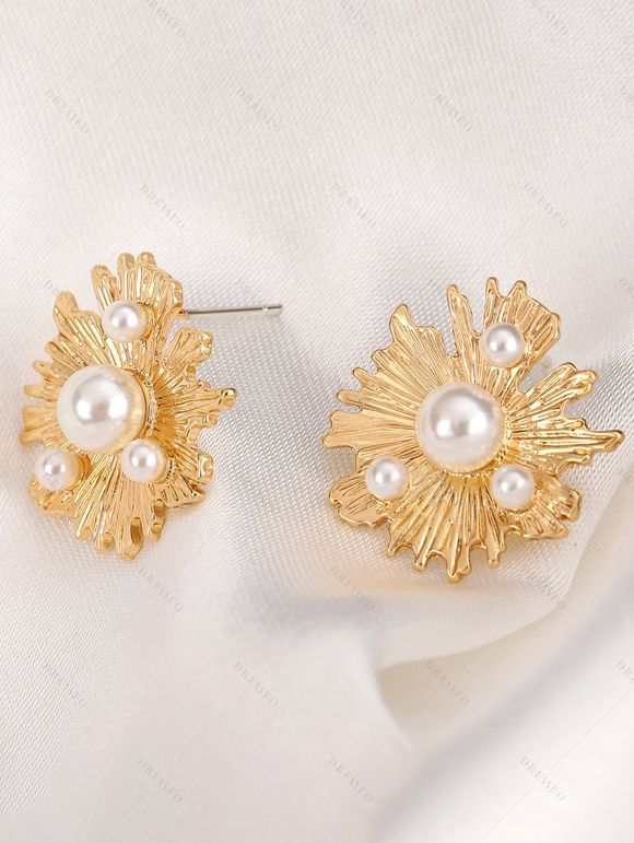 Boucles D'Oreilles Asymétriques Élégantes Motif Géométrique Fleur et Perle Style Vintage - d'or 
