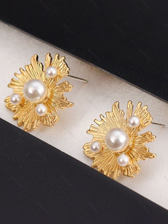 Boucles D'Oreilles Asymétriques Élégantes Motif Géométrique Fleur et Perle Style Vintage - d'or 