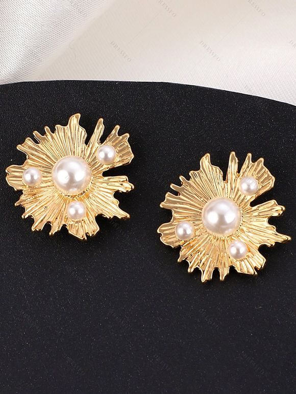 Boucles D'Oreilles Asymétriques Élégantes Motif Géométrique Fleur et Perle Style Vintage - d'or 