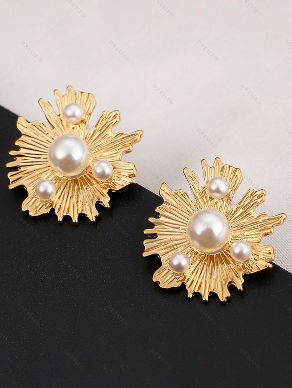 Boucles D'Oreilles Asymétriques Élégantes Motif Géométrique Fleur et Perle Style Vintage - d'or 
