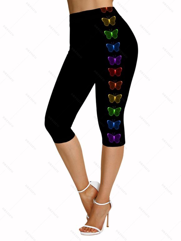 Legging Capri Moulant Papillon Coloré Imprimé à Taille Elastique - Noir S | US 4