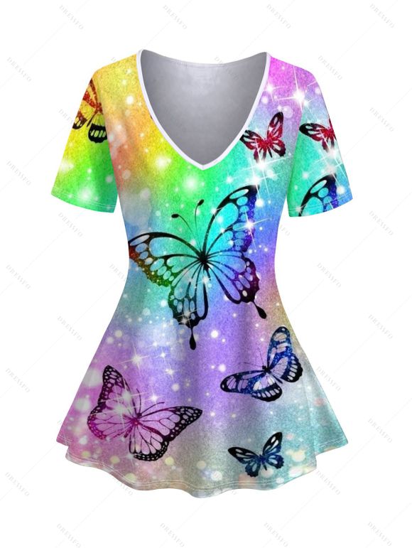 T-shirt D'Eté Papillon Lumière Imprimé Manches Courtes à Col V - multicolor A M | US 6
