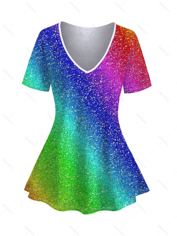 T-shirt Imprimé Viscose Lumière Arc-en-ciel à Col en V - multicolor A M | US 6