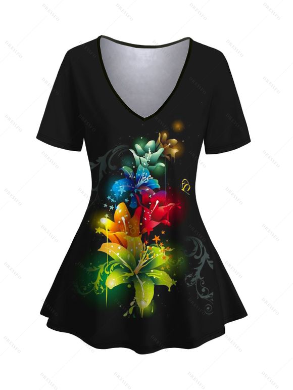 T-shirt Décontracté Imprimé Floral Coloré à Col en V à Manches Courtes - Noir S | US 4