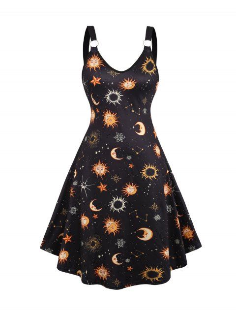 Robe Ligne A à Bretelle Etoile Lune Soleil Galaxie Imprimés sans Manches