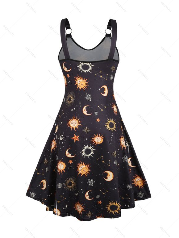 Robe Ligne A à Bretelle Etoile Lune Soleil Galaxie Imprimés sans Manches - Noir S | US 4