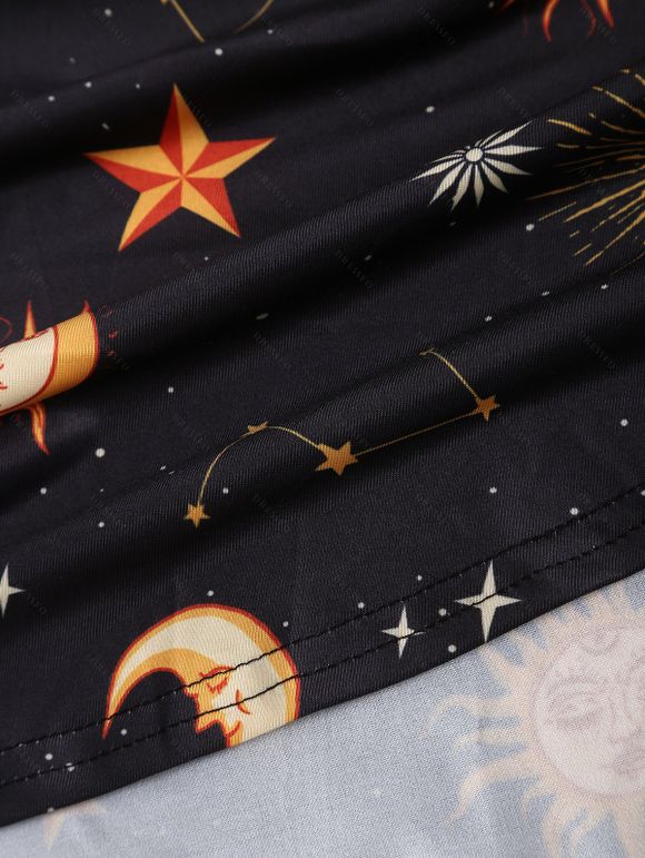 Robe Ligne A à Bretelle Etoile Lune Soleil Galaxie Imprimés sans Manches - Noir S | US 4