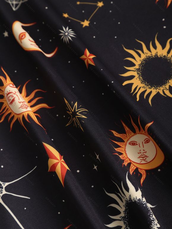 Robe Ligne A à Bretelle Etoile Lune Soleil Galaxie Imprimés sans Manches - Noir S | US 4