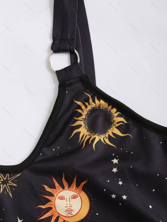 Robe Ligne A à Bretelle Etoile Lune Soleil Galaxie Imprimés sans Manches - Noir S | US 4