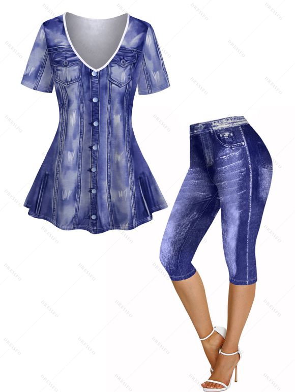 T-shirt Moulant Col en V et Legging Capri Imprimé Costume Plissé - Bleu profond S | US 4