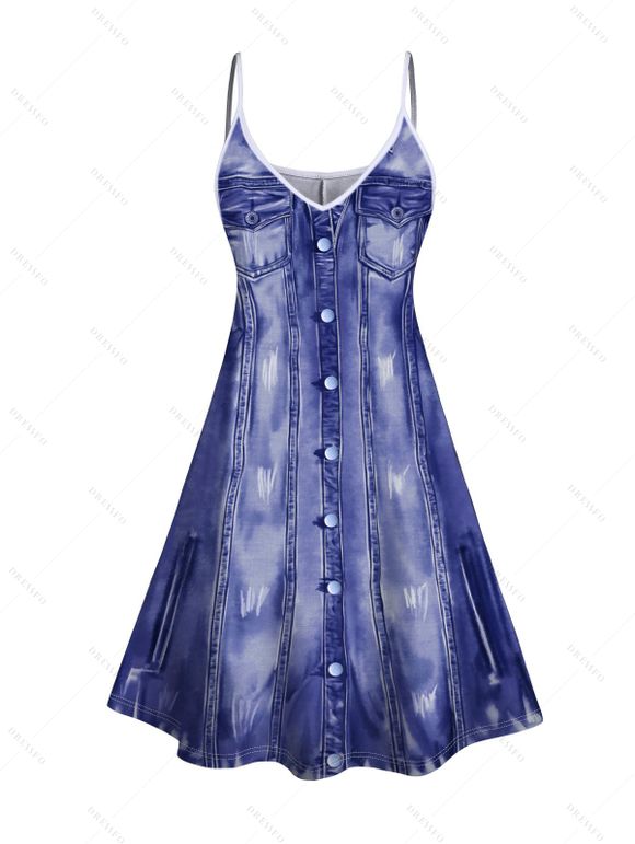 Robe D'Été à Bretelles en Jean Style Déchiré Col en V Imprimée - Bleu profond XL | US 12