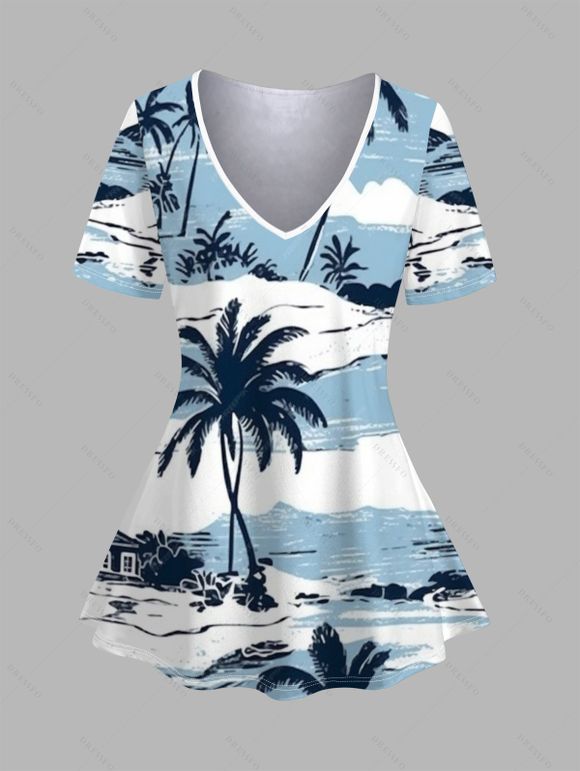 T-shirt Décontracté Tropical Imprimé Taille Empire à Manches Courtes - Bleu clair L | US 8-10