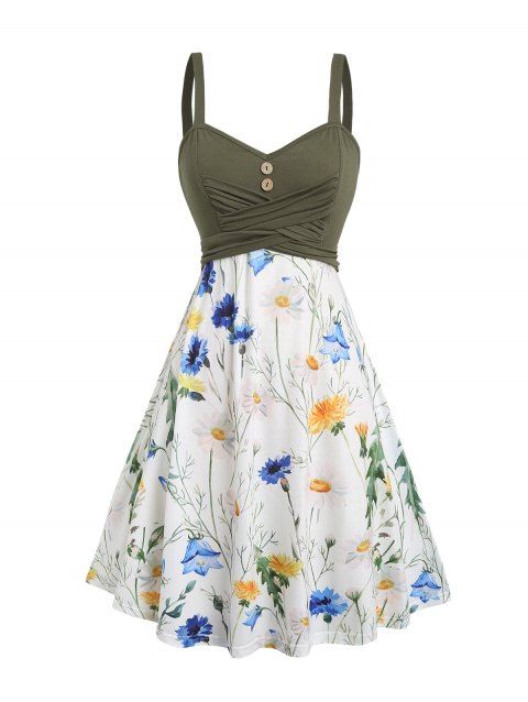 Robe D'Eté Fleurie Croisée Imprimée à Bretelle Fine avec Bouton
