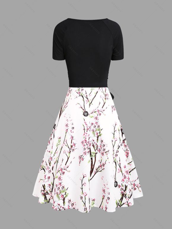 Ensemble de Robe Ligne A Fleur de Pêcher et de T-shirt Cahce-cœur avec Nœud Papillon Deux Pièces - Blanc XXXL