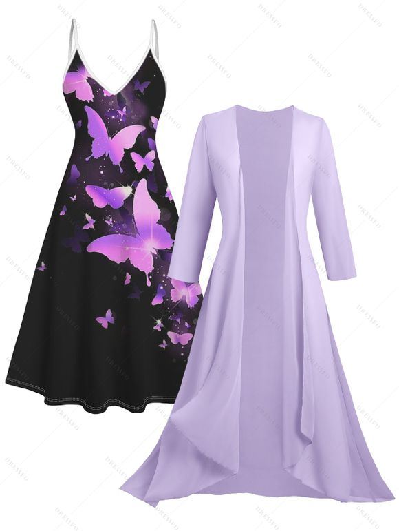 Costume de Cardigan Ouvert en Avant Transparent à Manches Longues en Couleur Unie à Bretelle et Robe Papillon Imprimé - Violet clair XL | US 12