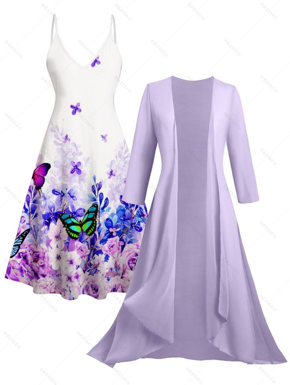 Costume de Cardigan Transparent Ouvert en Avant à Bretelle Fleuri Papillon Imprimé en Couleur Unie et Robe - Violet clair S | US 4