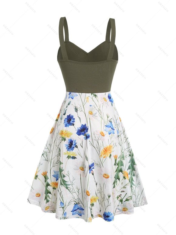 Robe D'Eté Fleurie Croisée Imprimée à Bretelle Fine avec Bouton - Vert profond XL | US 12
