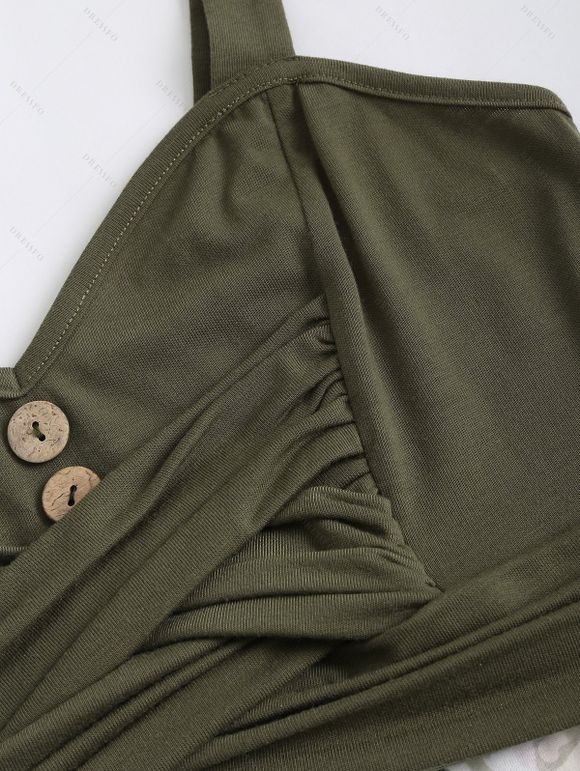 Robe D'Eté Fleurie Croisée Imprimée à Bretelle Fine avec Bouton - Vert profond XL | US 12