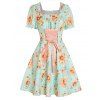 Mini Robe Vintage à Imprimé Tournesol Manches Courtes à Col Carré à Volants de Vacance - Vert clair XXL