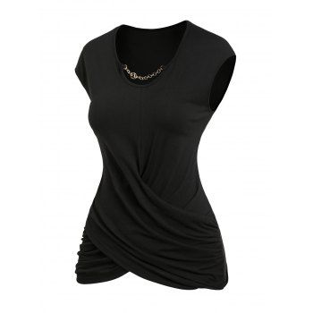 Solid Color V Notch Chain Decor Crossover Cap Sleeve T Shirt 