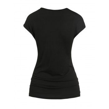 Solid Color V Notch Chain Decor Crossover Cap Sleeve T Shirt 