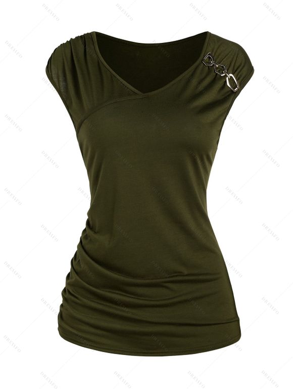 T-shirt Bouclé Superposé en Couleur Unie à Col V à Volants - Vert profond S | US 4
