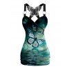 Butterfly Water Print Tank Top Lace Butterfly Back Ruched Surplice O Ring Strap Tank Top