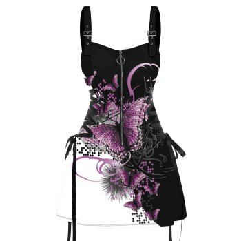 Butterfly Print Buckle Strap Dress Lace Up Half Zipper Slim Mini Dress 