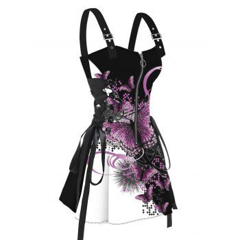 Butterfly Print Buckle Strap Dress Lace Up Half Zipper Slim Mini Dress