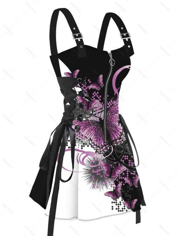 Butterfly Print Buckle Strap Dress Lace Up Half Zipper Slim Mini Dress - Noir XL | US 10