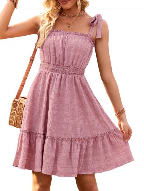 Solid Color Ruffle Hem Tie Shoulder Square Neck Sleeveless Tiered Dress